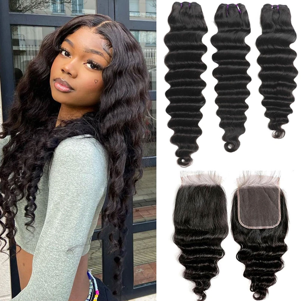 Deep Wave 3 Bundles With Closure - Rambut Manusia Loose Deep Wave Bundles