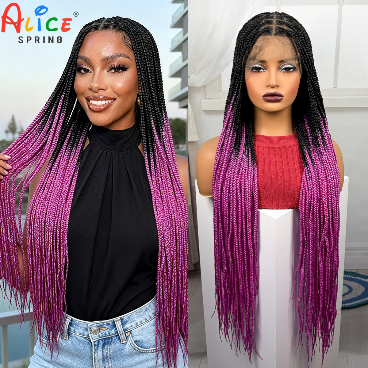 Synthetic Braided Wigs For Black Women - Wig Kepang Kotak Warna Pink Panjang
