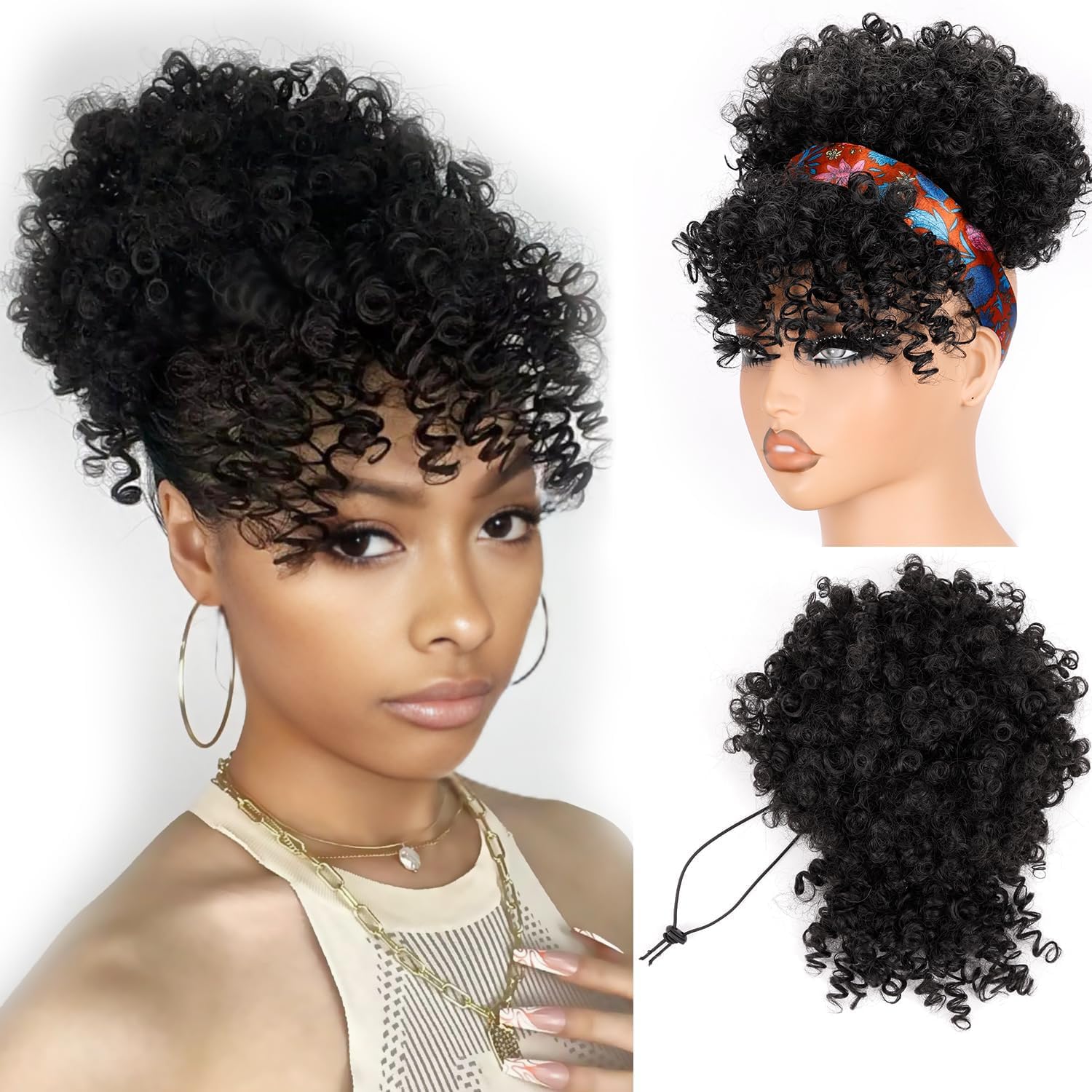 Drawstring Afro Curly Puff Ponytail - Ekstensi rambut ponytail pendek dengan poni,
