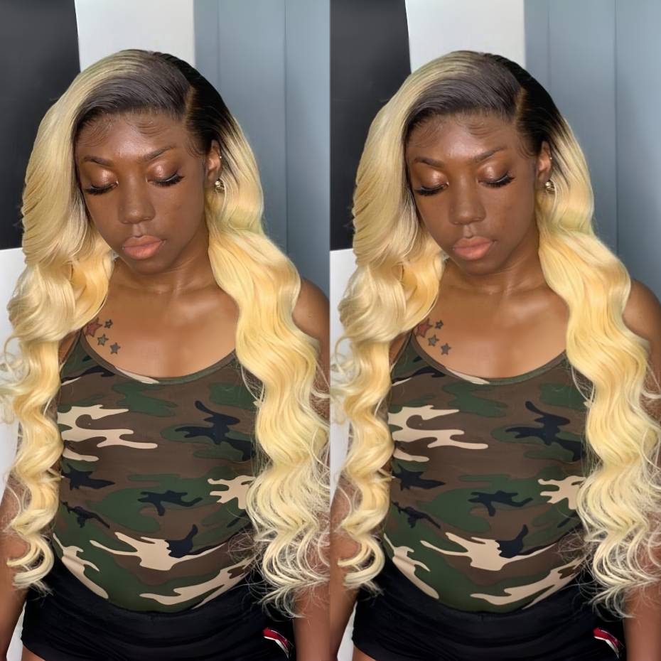 613 Blonde Body Wave Lace Front Wig - Wig Rambut Manusia Ombre Pirang 1B