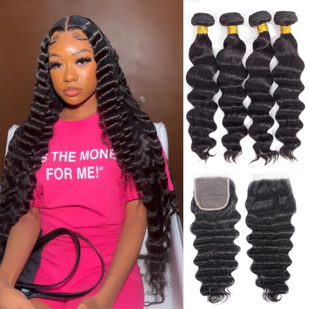 Deep Wave 3 Bundles With Closure - Rambut Manusia 30 Inch Loose Wave