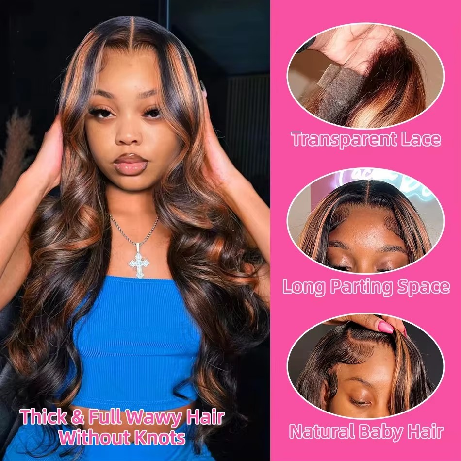 Lace Front Wigs - Wig Rambut Asli Highlight Ombre 13x4