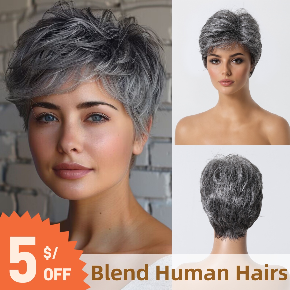 Short Pixie Cut Wig Human Hair Cheap - Wig rambut manusia abu-abu Pixie pendek