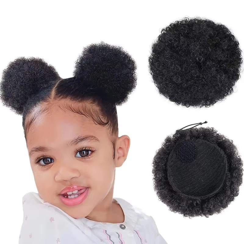 Drawstring Afro Curly Puff Ponytail - 1PC/Pak Rambut Puff Anak-anak Hitam Alami