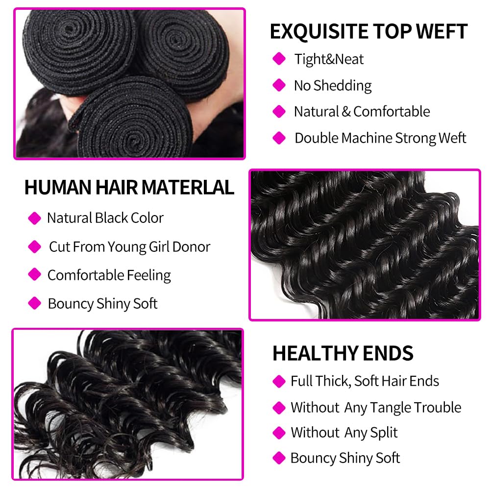 Rambut Manusia Deep Wave denga - Deep Wave 3 Bundles With Closure ulasan dan harga