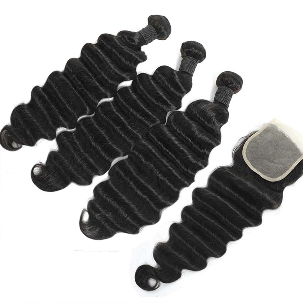 Rambut Manusia Asli Model Deep - Deep Wave 3 Bundles With Closure ulasan dan harga